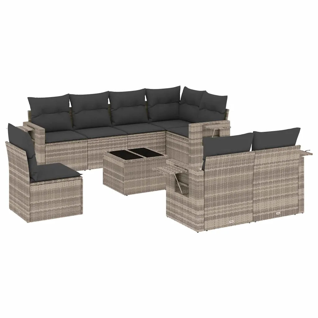 Set Divano da Giardino 9pz con Cuscini Grigio Chiaro Polyrattan