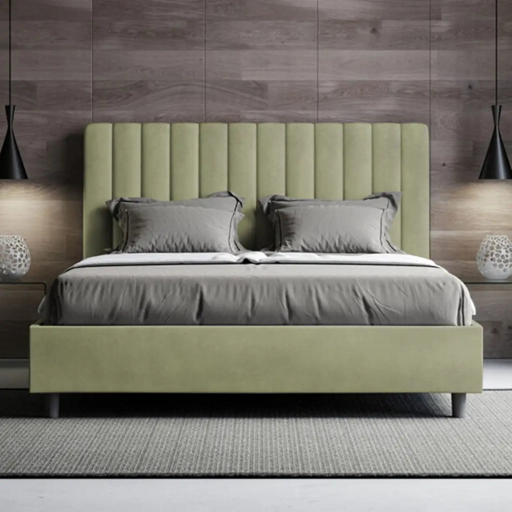 Letto matrimoniale francese senza rete imbottito 140x190 microfibra tè verde Agueda