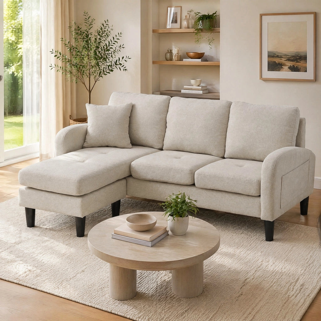 DIVANO ANGOLARE MODULARE 166 x 118 x 77 cm Tessuto misto cotone-lino Beige Grigio/Bianco