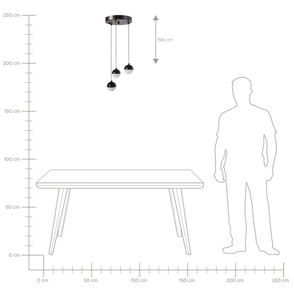 Lampadario con  3 luci LED integrate paralume rotondo metallo verniciato vetro nero stile moderno
