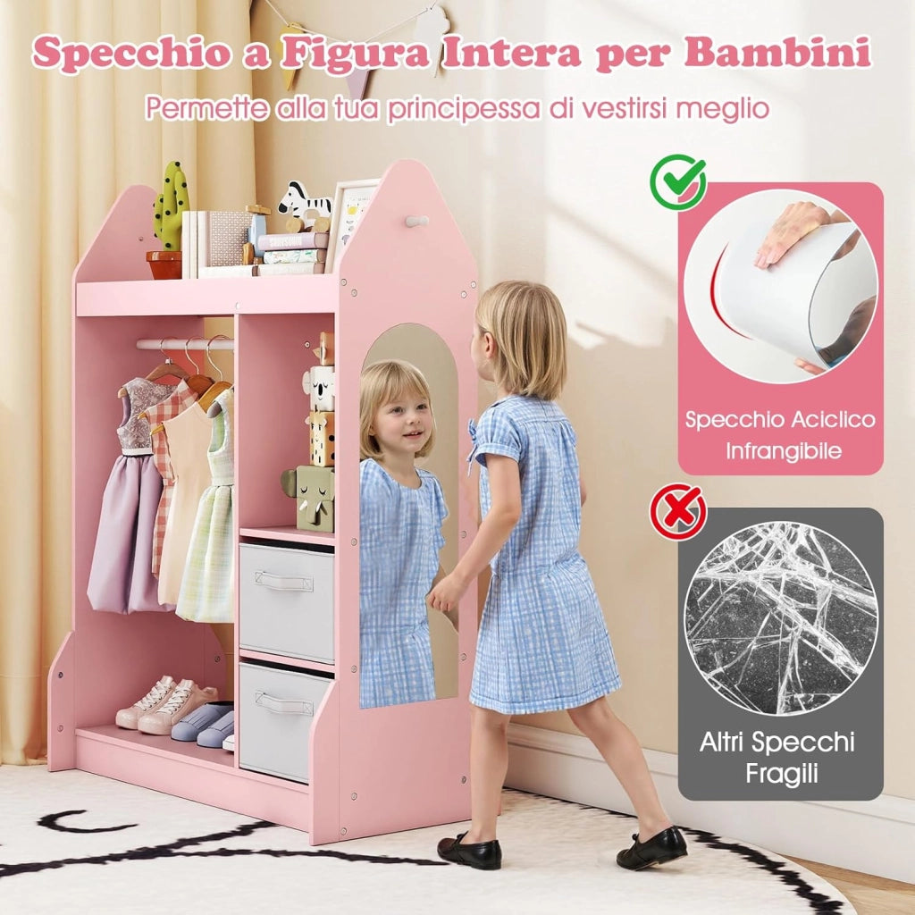Guardaroba per Bambini, Armadio Gioco con Specchio Appendiabiti, Cassette in Tessuto Pieghevoli, Organizer per Stanza e Camera da Letto, 81 x 38 x 107 cm (Rosa)