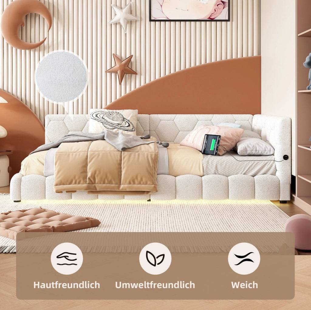 Divano letto Daybed 90x200 cm bianco con LED, USB e Type-C