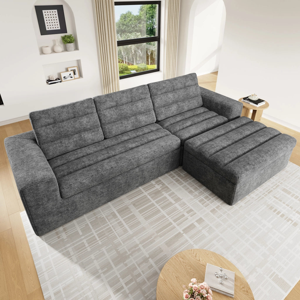 Divano angolare modulare in chenille con design senza telaio e cuscini morbidi, grigio chiaro, 253 × 161 × 89 cm