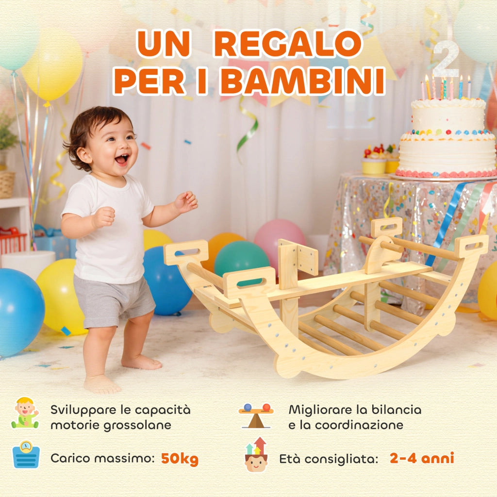 Arco Montessori per Bambini 2-4 Anni Convertibile in Dondolo 110x52x45 cm in Legno color Legno