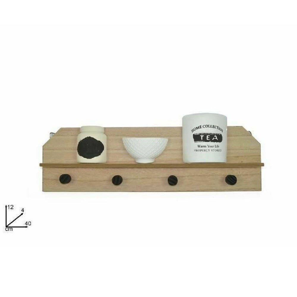 Trade Shop - Mensola In Legno Da Parete Ripiano Con 4 Appendini Decorazione Casa 12x40x4 Cm -