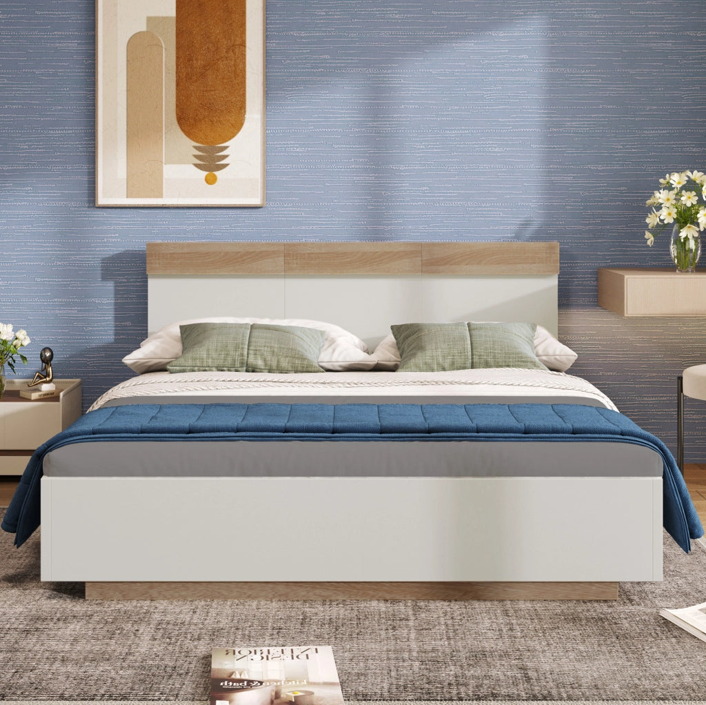 Letto matrimoniale 160x200 cm con testiera e rete a doghe; legno bianco e rovere Sonoma