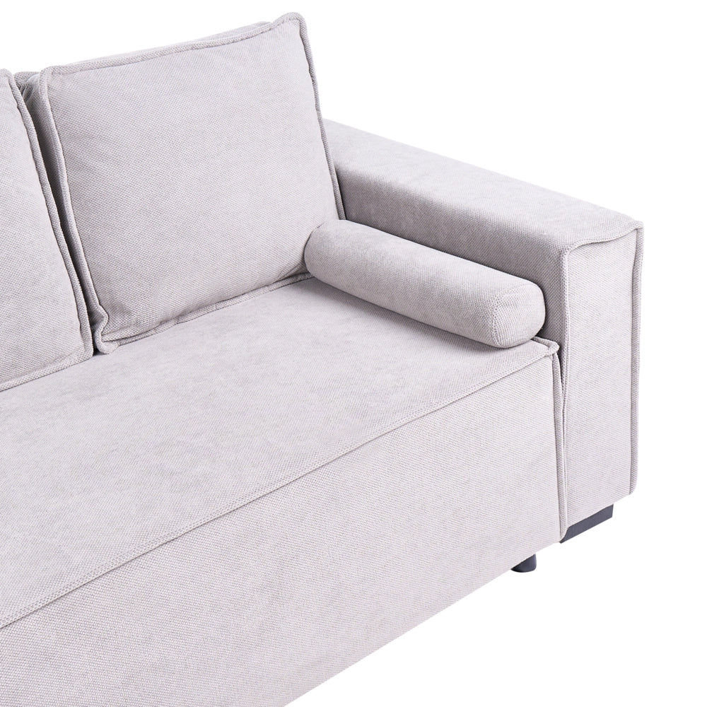 Divano letto angolare a 3 posti con rivestimento in tessuto grigio lato destro con braccioli contenitore reversibile stile moderno soggiorno