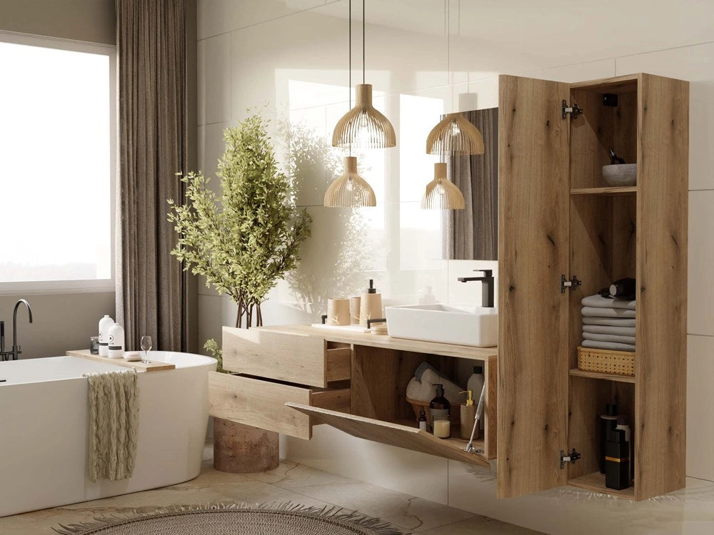 Mobile bagno sospeso colonna scaffale TIGO 1d rovere EVOKE scanalato frontale
