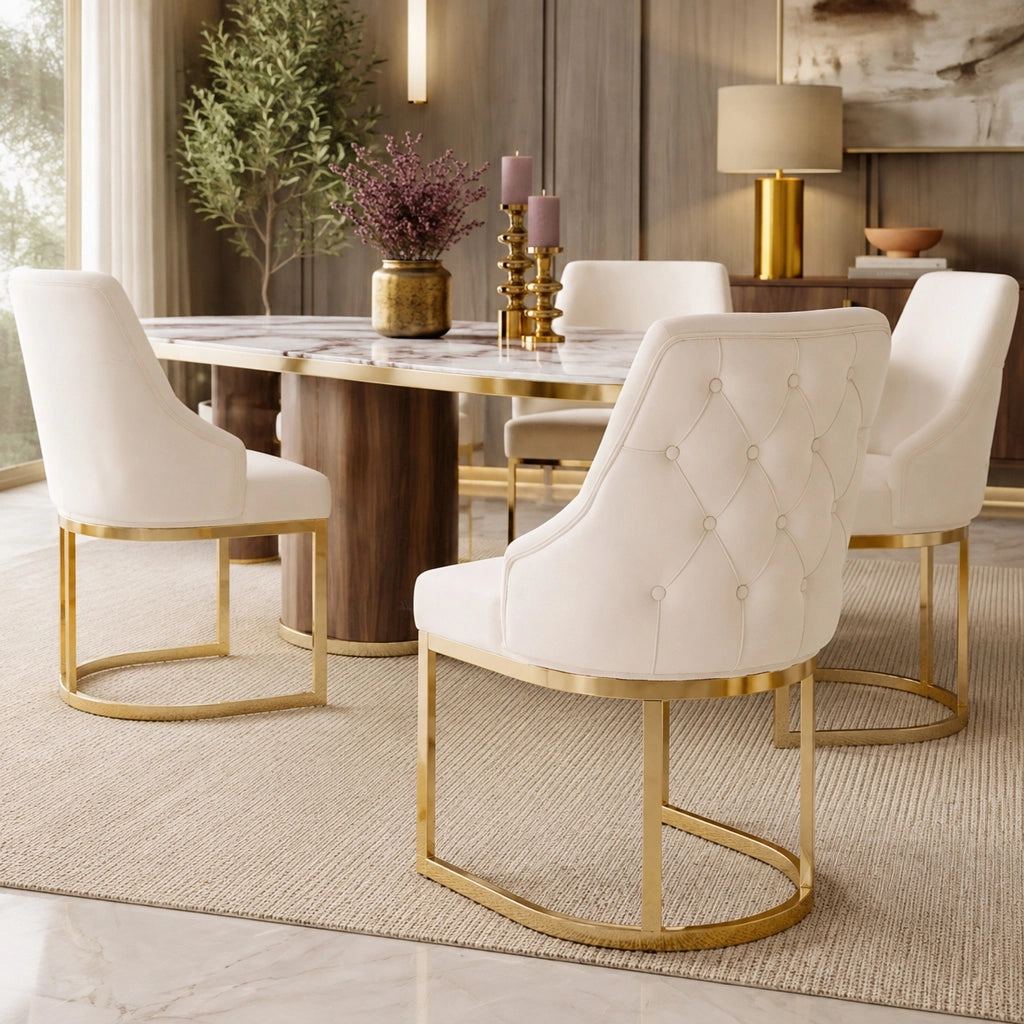 Set di 4 sedie da pranzo in velluto con schienale trapuntato e gambe in metallo beige e oro