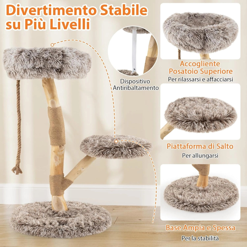 Albero per Gatti 90 cm, Torre Moderna in Legno con Piattaforme, Tiragraffi in Luta Naturale e Corda, Albero Tiragraffi per Animali Domestici