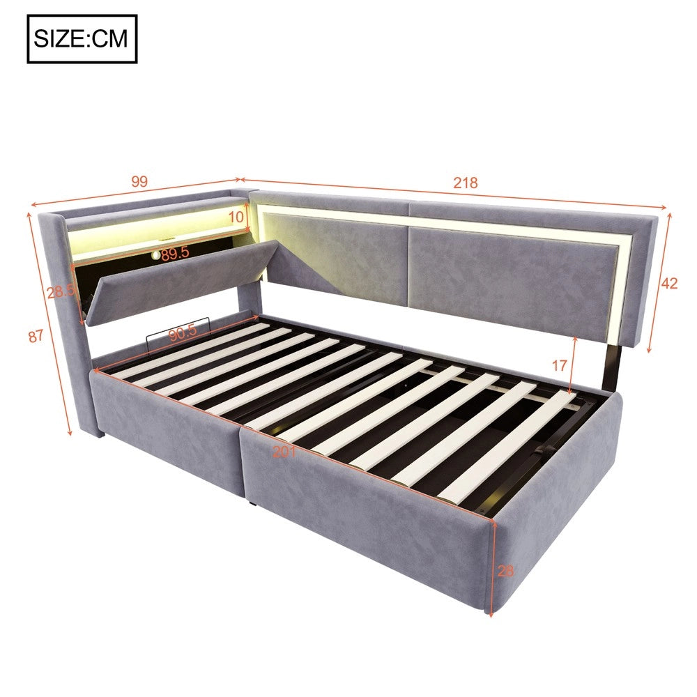 Letto Imbottito Contenitore con LED ¨C Xylo ¨C Velluto Grigio Chiaro 90x200
