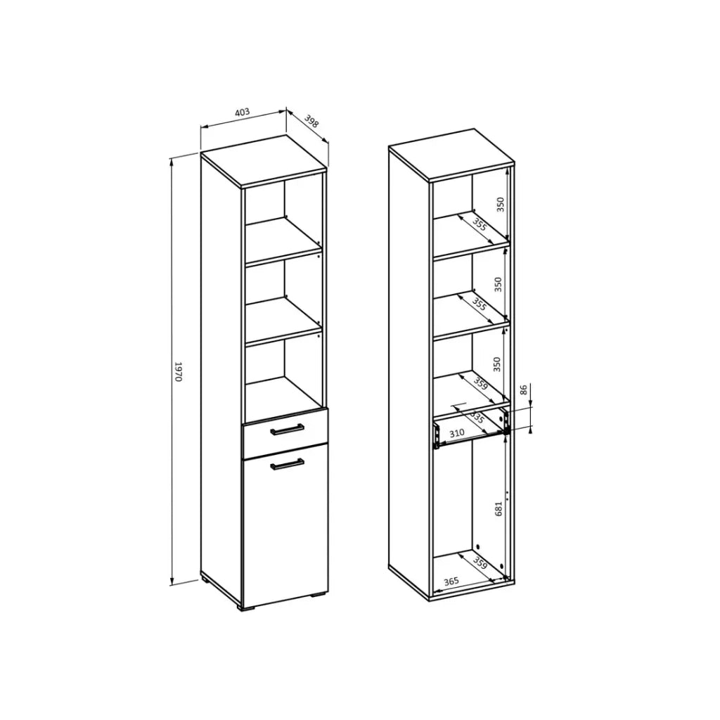 Mobile alto da collezione WASHING – 1 cassetto, 1 porta e 1 cesto – Colore taupe e quercia