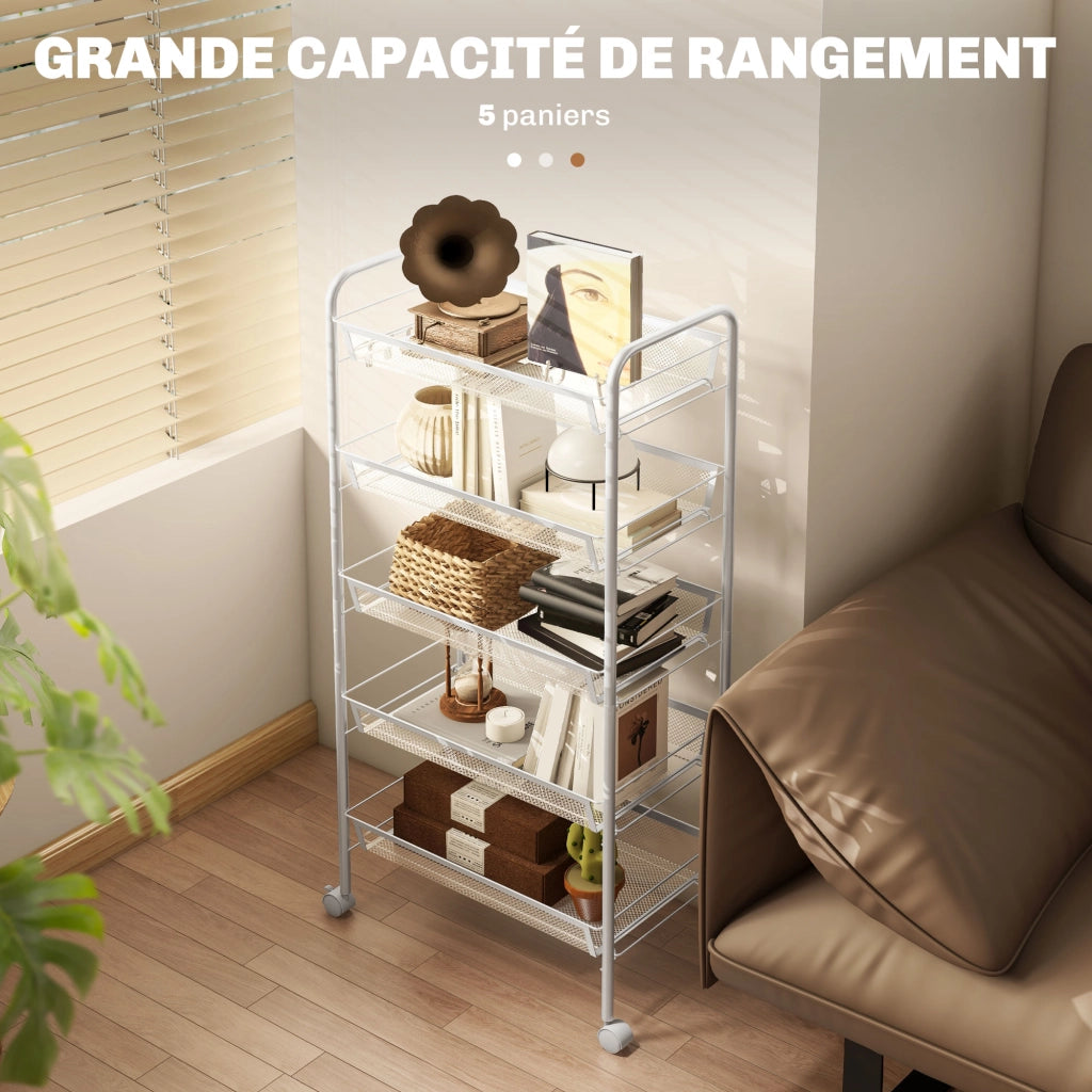 Carrello a 5 livelli con cestini e ganci ¨C zephmum ¨C bianco 45x26.5x106cm