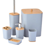 Trade Shop - Set Accessori Bagno In Bambù 6 Pz Moderno Bidone Spazzatura Portasapone Dispenser - Grigio
