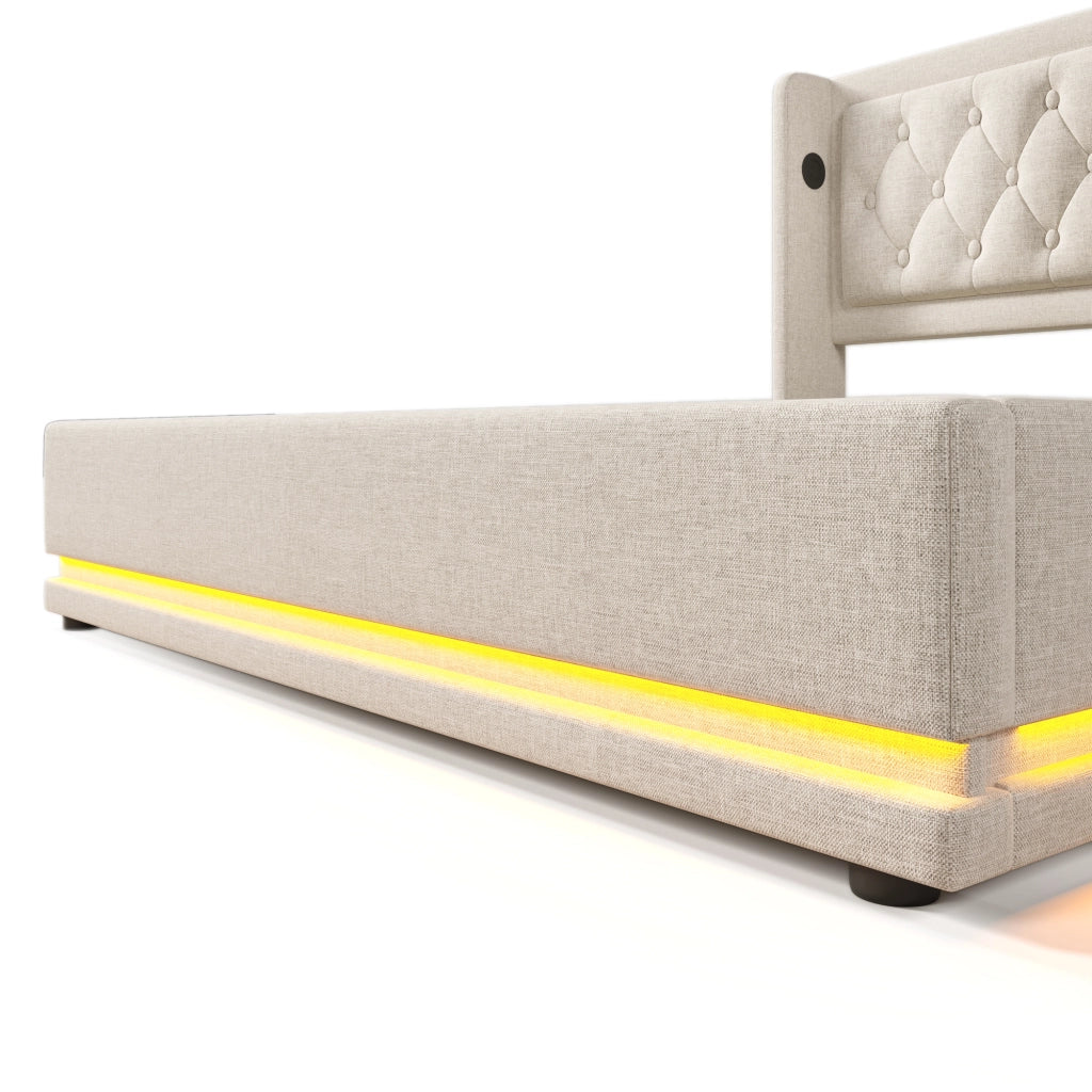 Letto matrimoniale contenitore 140x200 cm beige in cotone con materasso incluso, testiera con USB Type-C e LED 3 lati