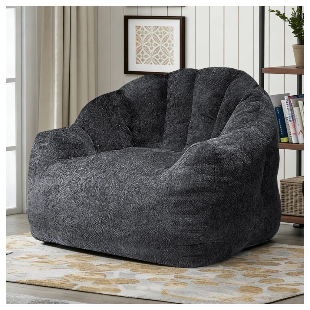 Poltrona a sacco ergonomica rotonda per relax e lettura con design avvolgente in flanella nera 49 × 40 × 28 cm