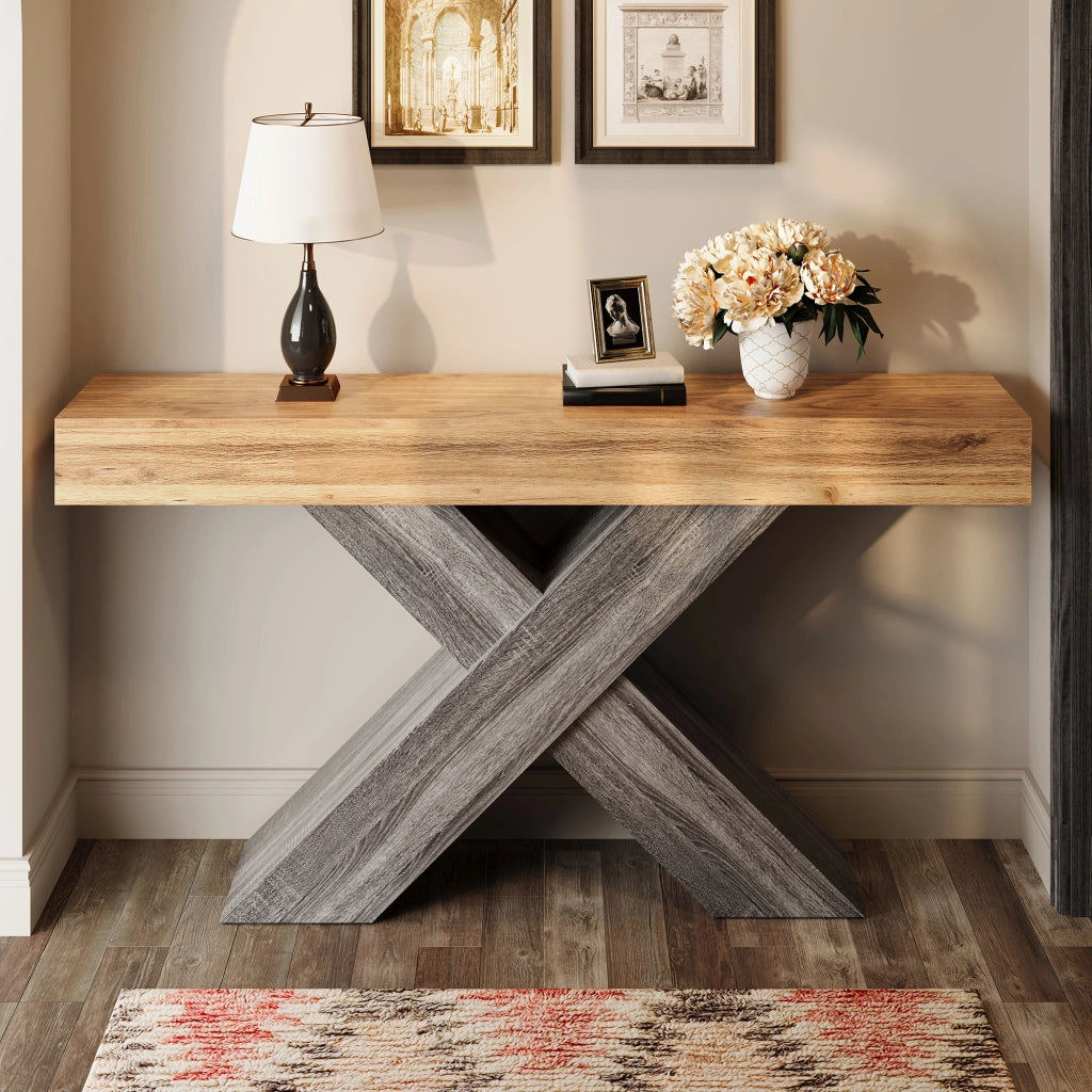 Consolle con struttura a X e piano aperto per ingresso in truciolare 140×30×80 cm naturale