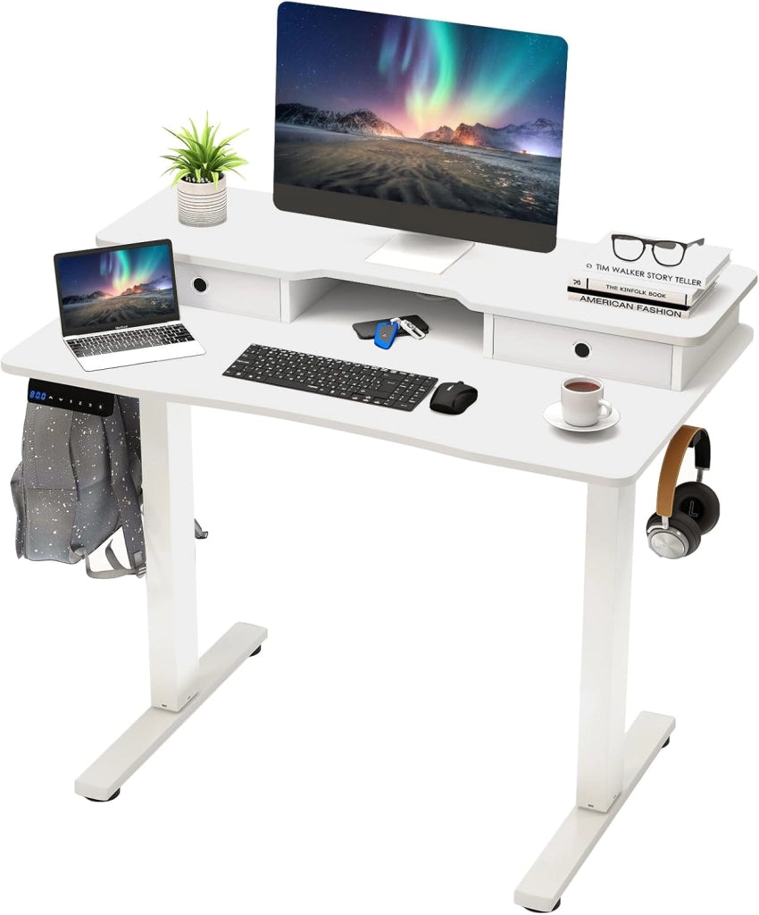 Scrivania regolabile in altezza, scrivania elettrica con supporto per monitor, 2 cassetti, 2 ganci, piccolo tavolo per computer con altezza regolabile di 73-122 cm, per studio e ufficio