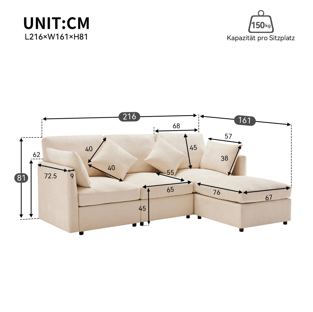 Divano modulare 3 posti con pouf mobile e 4 cuscini in ciniglia beige