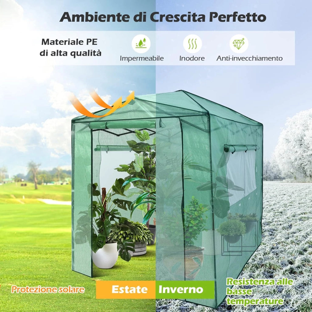 Serra per da Giardino 180 x 250 x 230 cm, Serra per Orto e Piante con Telaio Robusto, 2 Finestre Grandi e 2 Porte Arrotolabili con Doppia Cerniera, Serra da Eterno Pieghevole