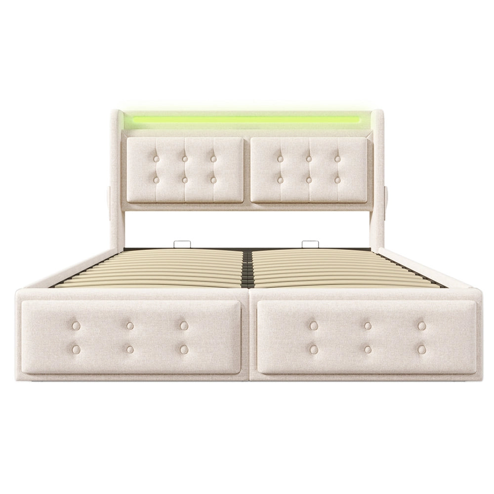 Lit adulto con testiera LED e USB-C, 180x200 cm, con cassetti e doghe - Xylo - Beige