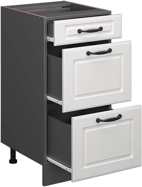 Mobiletto base per cucina R-Line, Bianco casa di campagna, 40 cm con cassetti, senza piano di lavoro, per la libera combinazione all'interno di sistemi cucina modulari