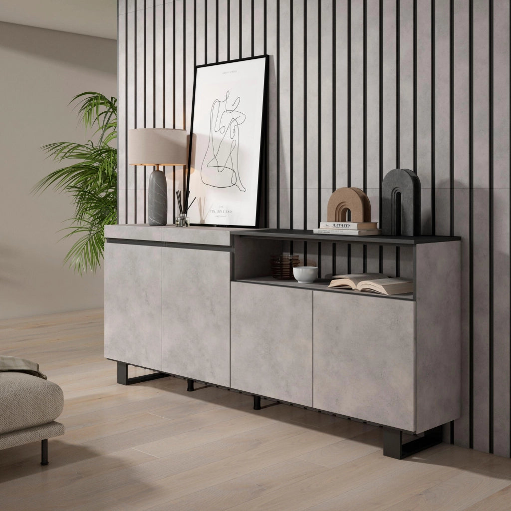 Credenza, Mobile, 200x35x87cm, 4 Porte, Design industriale, grigio cemento RF2372