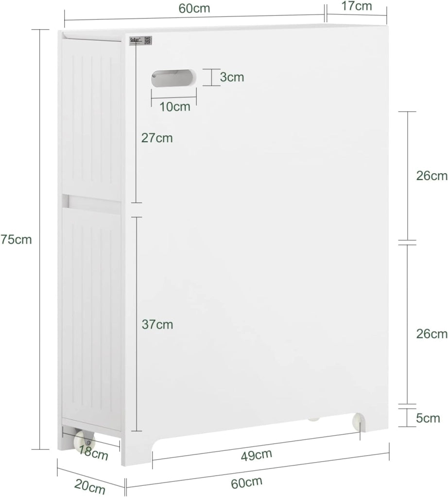 Stretto Mobiletto Bagno con Rotelle 20cm– Carrellino Salvaspazio con Cassetto per Conservare Carta Igienica, Mobile Bagno in Legno, Bianco, 20x75x60cm, BZR111-W