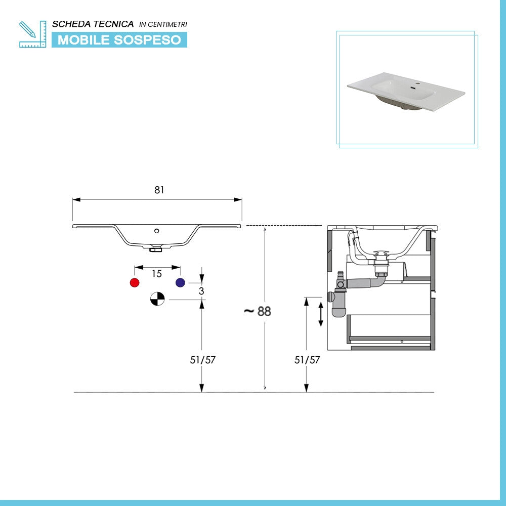 Mobile bagno sospesa 80cm tabacco e tortora con pensile e lavabo Sumya