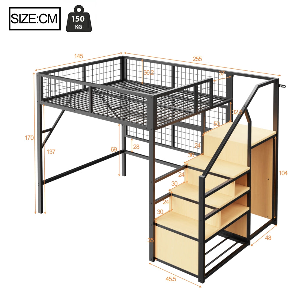OKWISH Letto a Soppalco 140×200 cm, Letto Matrimoniale con LED Regolabile con App, Scala Contenitore e Armadio Aperto, senza Materasso, Nero
