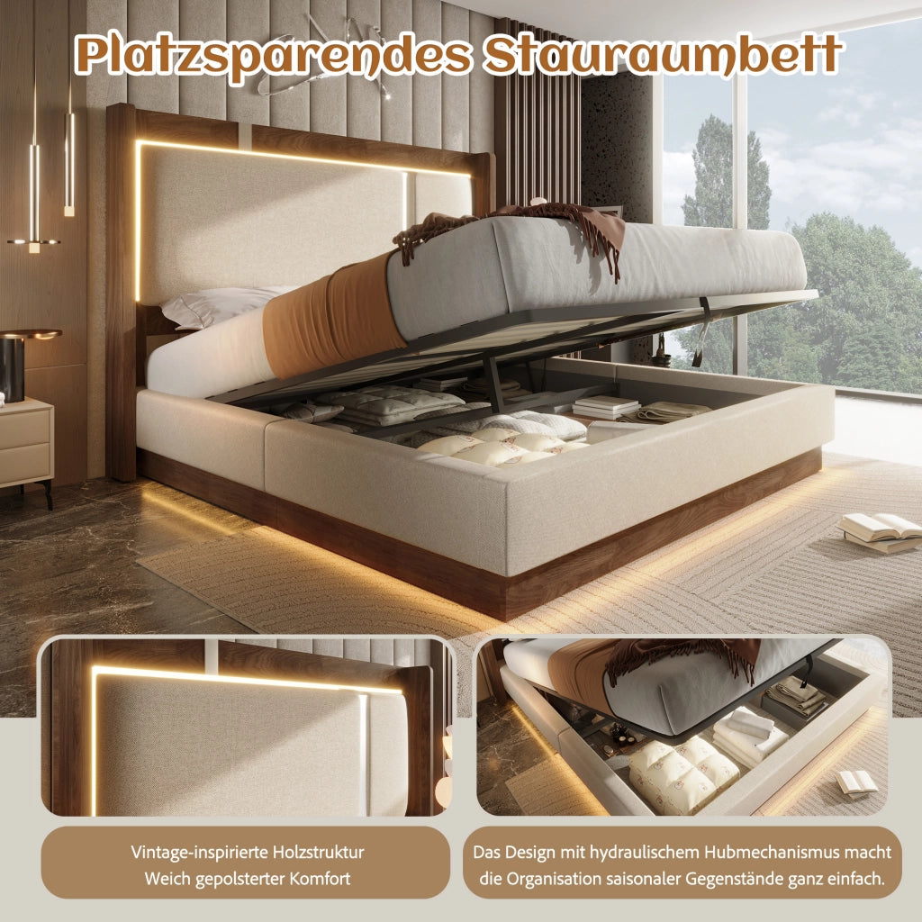 LETTO Contenitore 140x200 cm Beige in lino e legno con LED
