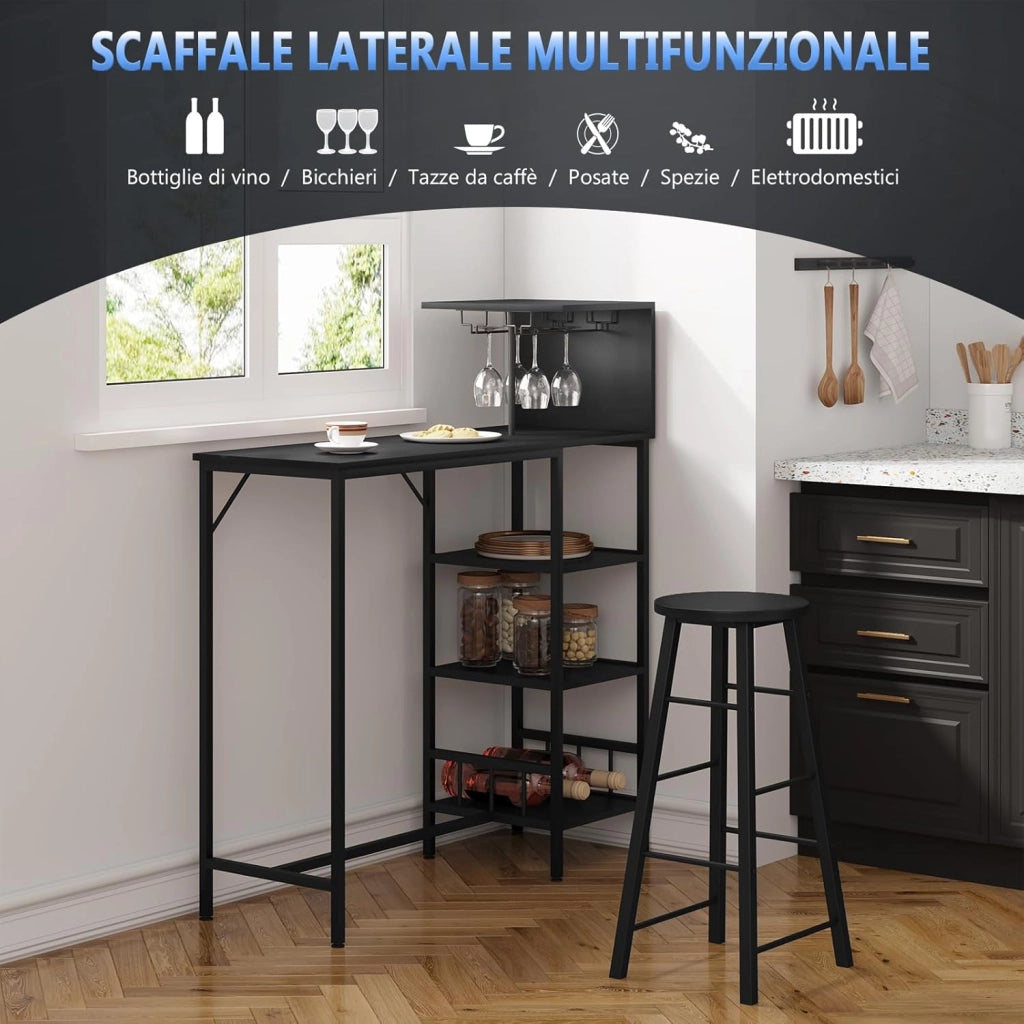 Tavolo da Bar con 4 Ripiani, Tavolo Alto con 2 Portabicchieri, Mobile da Bar per Bistrot, Pub, Studio, Ufficio, Piano Nero e Telaio in Metallo Nero