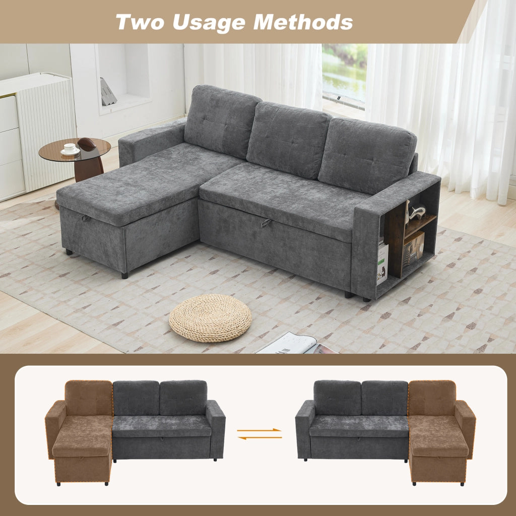 Divano angolare con contenitore e chaise longue reversibile con ripiani in chenille grigio 202 × 136 × 85 cm