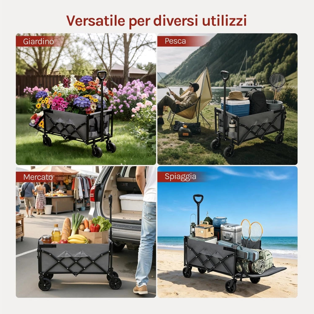 Carrello da Giardino Pieghevole con Ruote, 2 Portabicchieri, Pannello Posteriore Ribaltabile, Manico a Ritorno Automatico, Carrello Portata 150 kg, Telaio in Metallo, per Esterno, Grigio