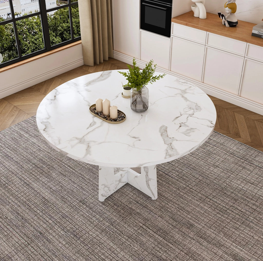 Tavolo rotondo da pranzo 120 cm in MDF bianco effetto marmo; altezza 76 cm