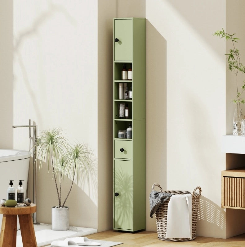 Mobile bagno alto e slim con cassetto e 4 ripiani aperti, 180x20x20 cm, verde