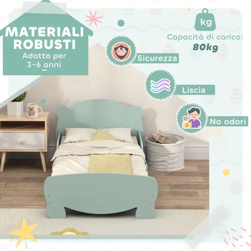 LETTINO PER BAMBINI CON TESTIERA E PEDIERA A ORSO E 2 SPONDE LATERALI, IN LEGNO, 143.5X80X55 CM, VERDE