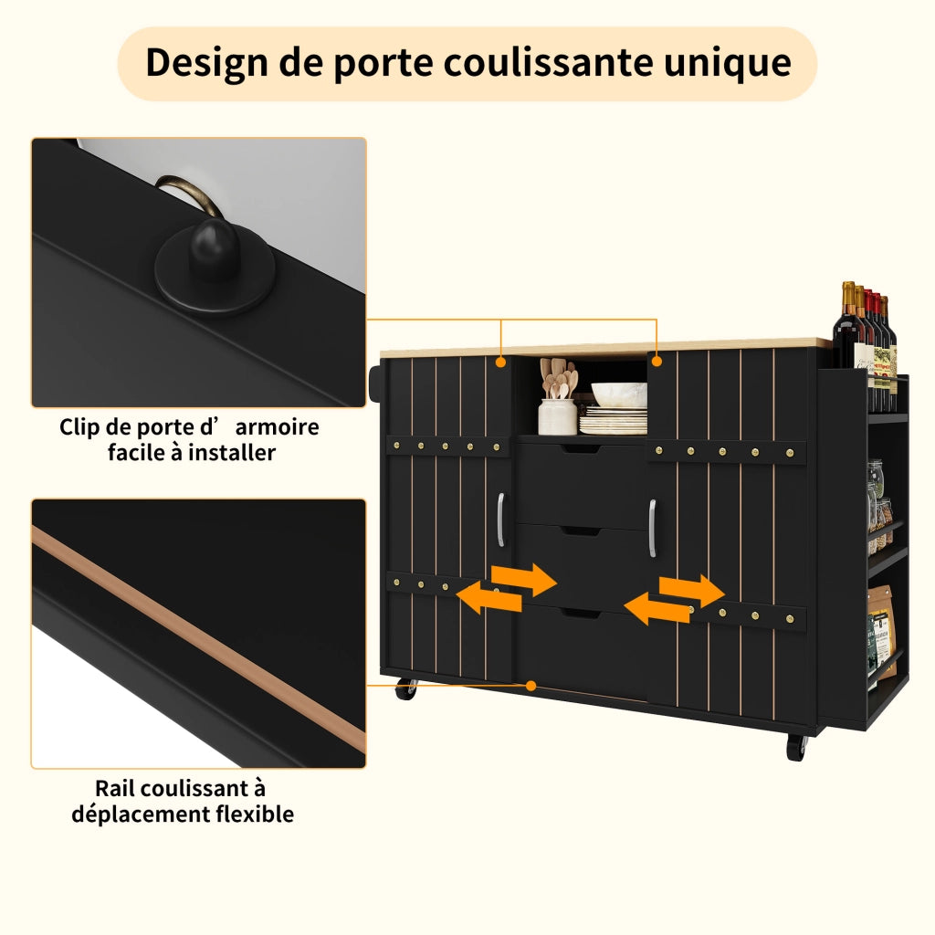 Carrello da Cucina 3 Cassetti 2 Ante Scorrevoli Piano Ribaltabile con Ruote in MDF Nero