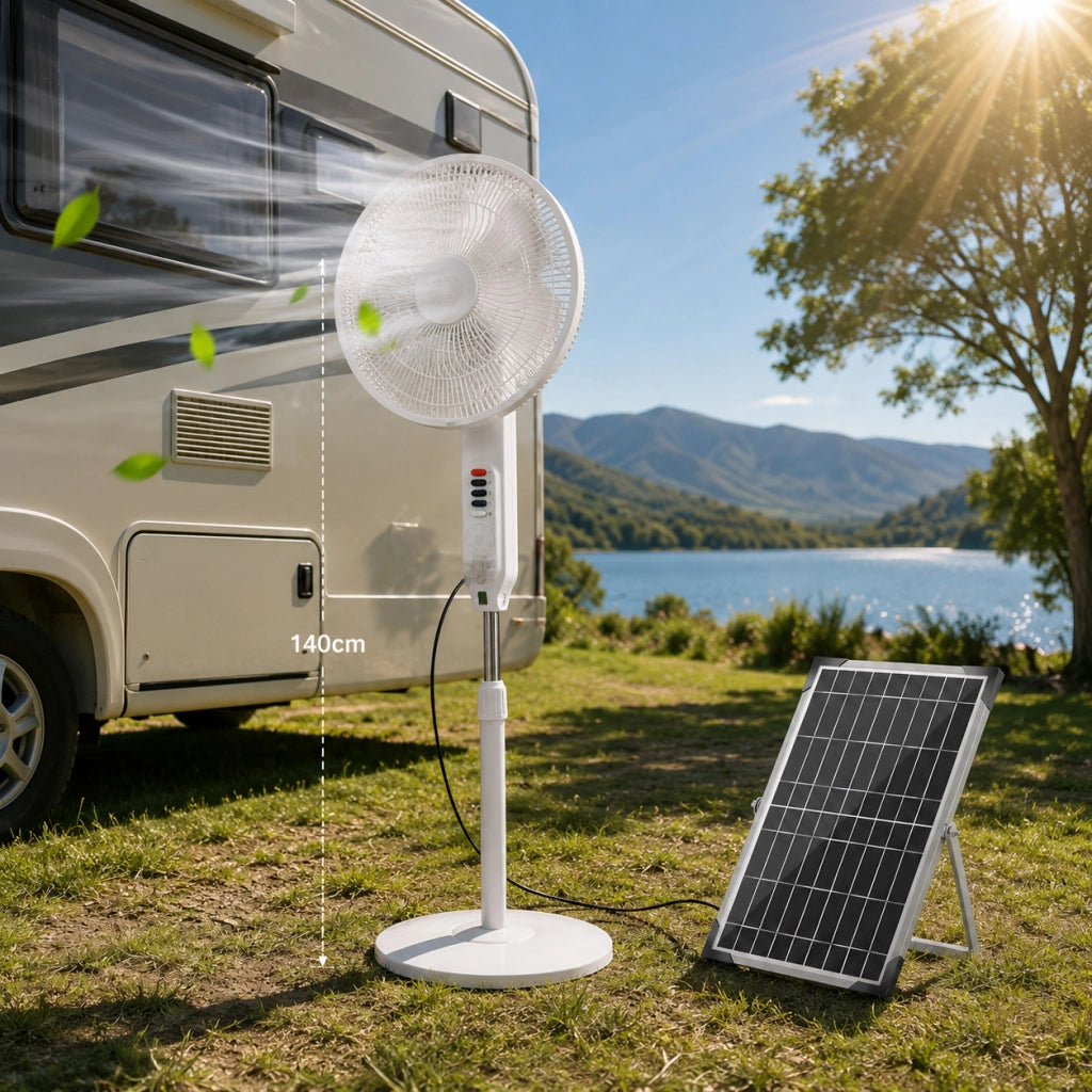 Ventilatore a Piantana oscillante con Luce LED con pannello solare, funziona senza corrente
