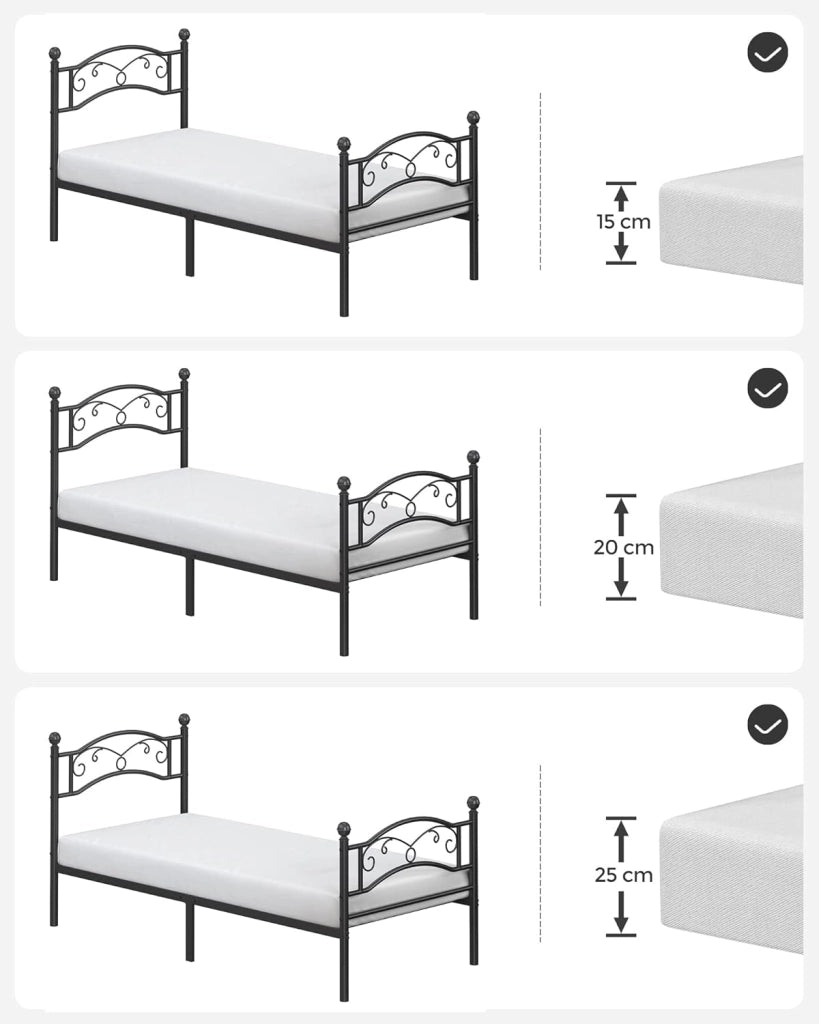 VASAGLE Struttura Letto Singolo in Metallo, Letto a Doghe per Materassi di 90 x 190 cm, per Stanza di Ospiti, Montaggio Facile, Nero RMB071B01