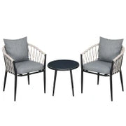 Set da Giardino 2 Persone da 3 Pezzi, 2 Poltrone con Cuscini, Tavolino Rotondo con Piano in Vetro Temperato, Corda Intrecciata, Grigio