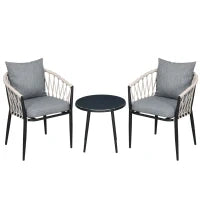 Set da Giardino 2 Persone da 3 Pezzi, 2 Poltrone con Cuscini, Tavolino Rotondo con Piano in Vetro Temperato, Corda Intrecciata, Grigio