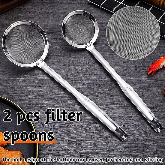 Due spatole di schiuma in acciaio inossidabile, 34,5 cm/29 cm, setola fine, spatola di schiuma con manico lungo e gancio di appoggio, piccola spatola per la cucina, strumenti per filtrare, schiuma di grasso, resistente alla lavastoviglie