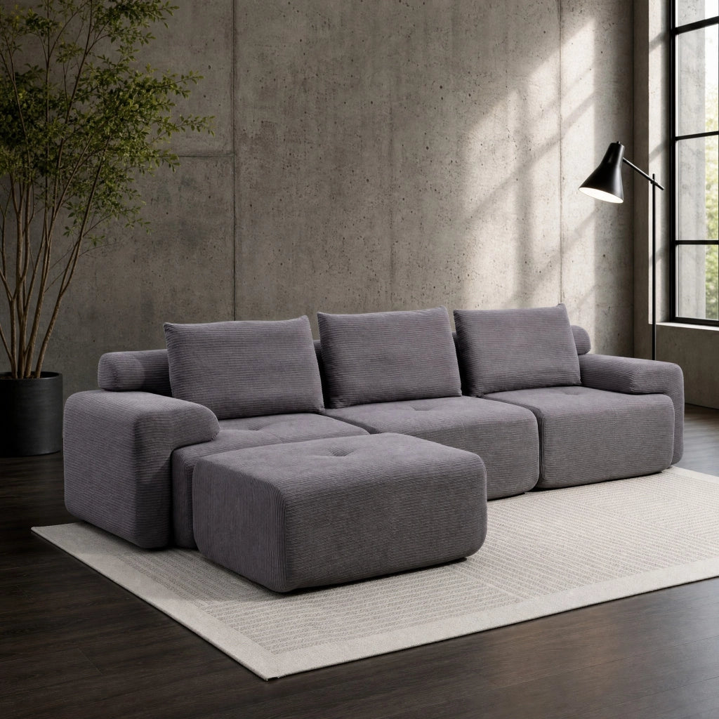Divano angolare modulare con chaise longue e pouf mobile; design senza telaio in tessuto a coste - grigio scuro