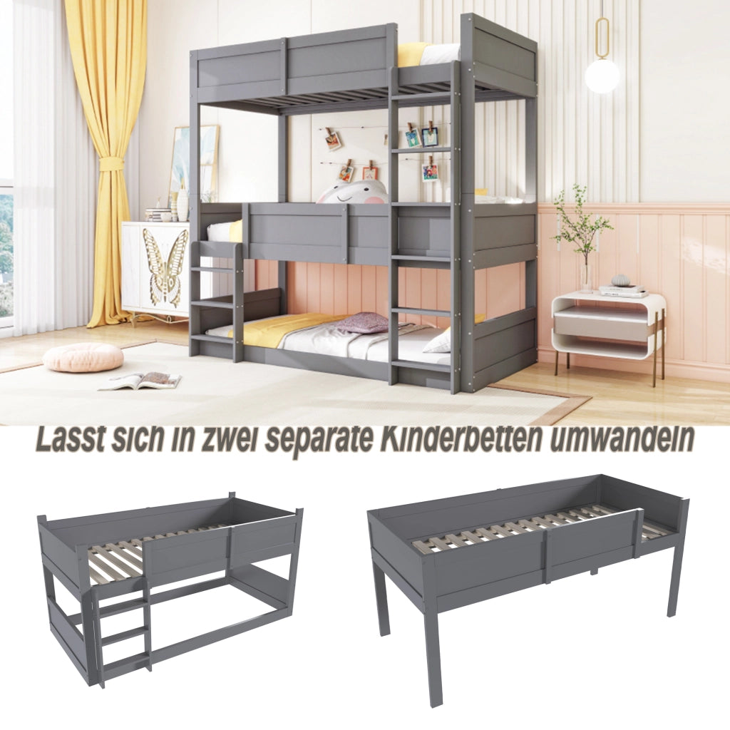 OKWISH Letto a Castello 90×200 cm, Letto 3 Posti con Sponde Alte, Convertibile, senza Materasso, in Legno, Grigio