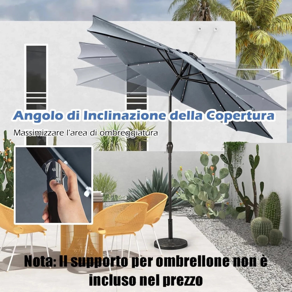 Ombrellone da Giardino da 300 cm, Parasole per Esterno con 24 Luci LED, con 8 Stecche in Metallo, Manovella e Inclinazione Regolabile, per Giardino, Coltile, Piscina (Grigio)