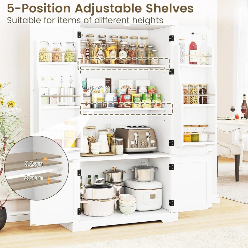 Mobiletto Multiuso con 4 Ante in Legno, Credenza Cucina Salvaspazio con 2 Ripiani Regolabili e 1 Armadio, Mobile Buffet per Sala da Pranzo, Soggiorno, 76,5 x 40 x 139 cm, Bianco(In 2 Pacchi)