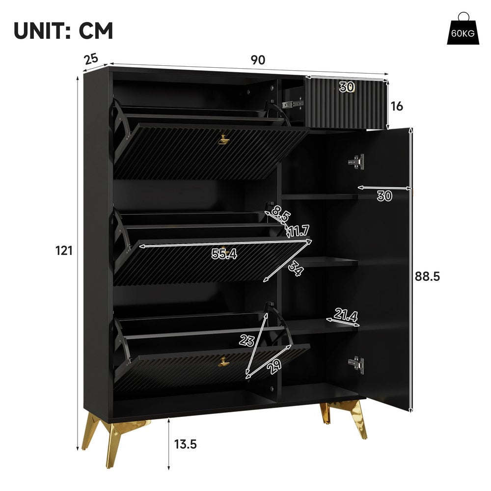 Scarpiera con 3 Ante, 1 Cassetto e 1 Porta ¨C MINIMAL ¨C Nero, 90x121x25 cm