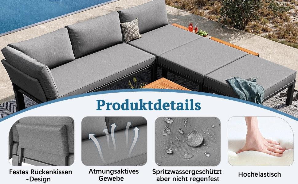 Set Divano da Giardino Modulare ¨C MINIMAL ¨C Polyrattan Grigio con Cuscini e Tavolino in Legno