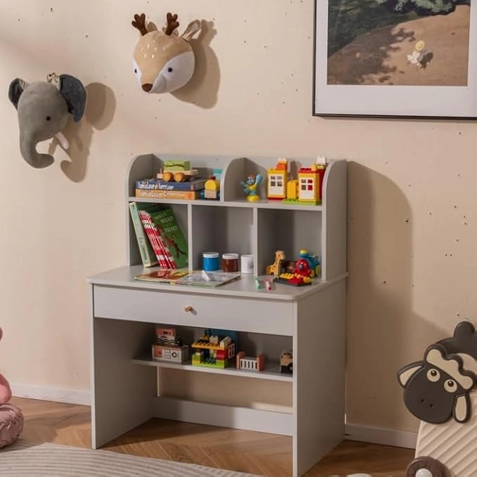 Scrivania in Legno 80 x 48 x 102 cm per Bambini 3+ Anni, Scrivania Cameretta Bambina con 5 Mensole, 1 Cassetto, Spazio di Lavoro e Angoli Arrotondati, Ideale per Studio e Disegno (Grigio)